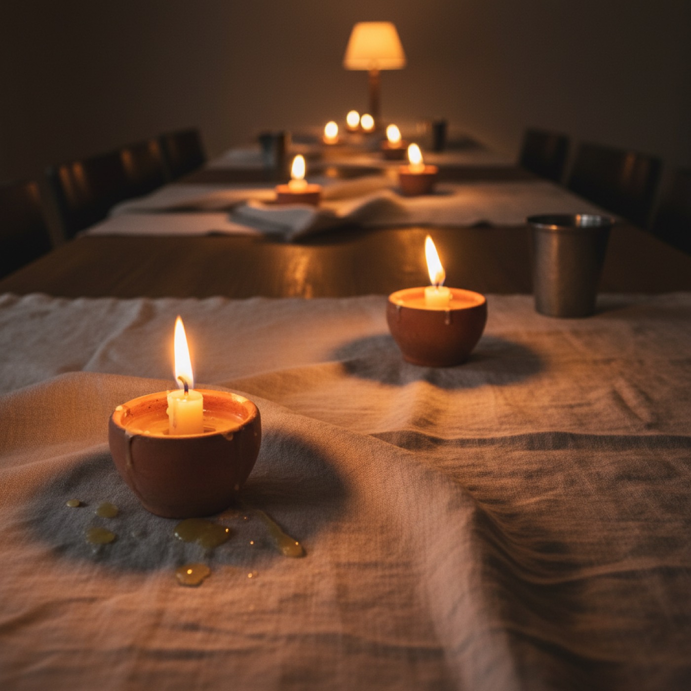 A washed linen tablecloth folded over the edge of a workbench, soft creases catching the light