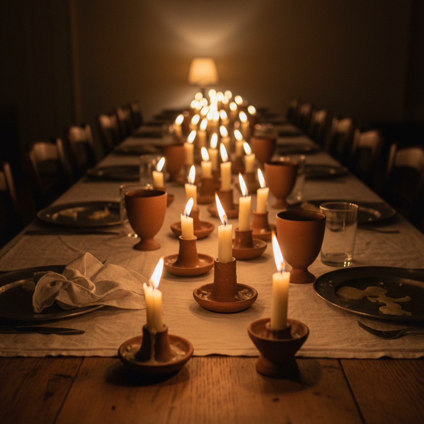 Beeswax tapers burning low in pewter holders on a dark timber table