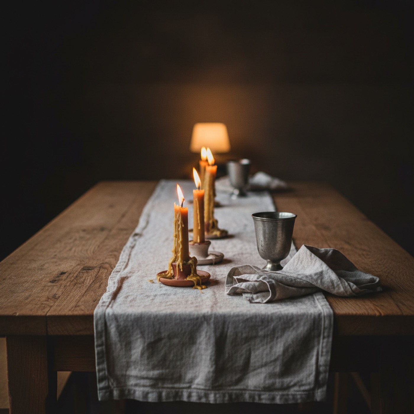 A long table laid with washed linen and lit beeswax tapers after dark